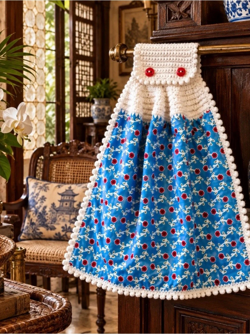 Pioneer Woman Turquoise Red Floral Crochet Hanging Kitchen Towel